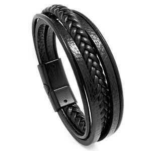 3/$35 Men's Black Multi-Layer Braided Faux Leather Bracelet Magnetic Clasp Gift